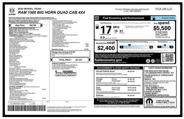 2022 RAM 1500 Big Horn Quad Cab 4x4 6'4' Box