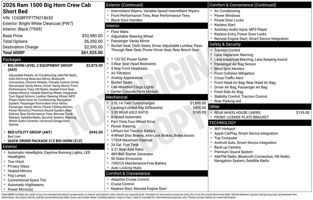 2026 RAM Ram 1500 RAM 1500 BIG HORN CREW CAB 4X4 5'7' BOX