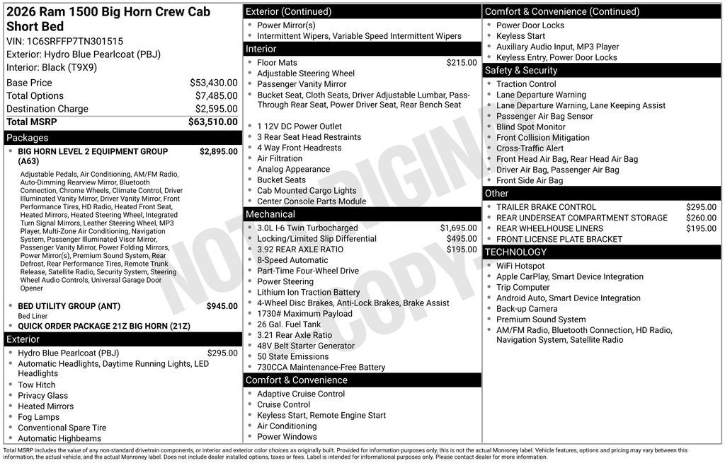 2026 RAM Ram 1500 RAM 1500 BIG HORN CREW CAB 4X4 5'7' BOX