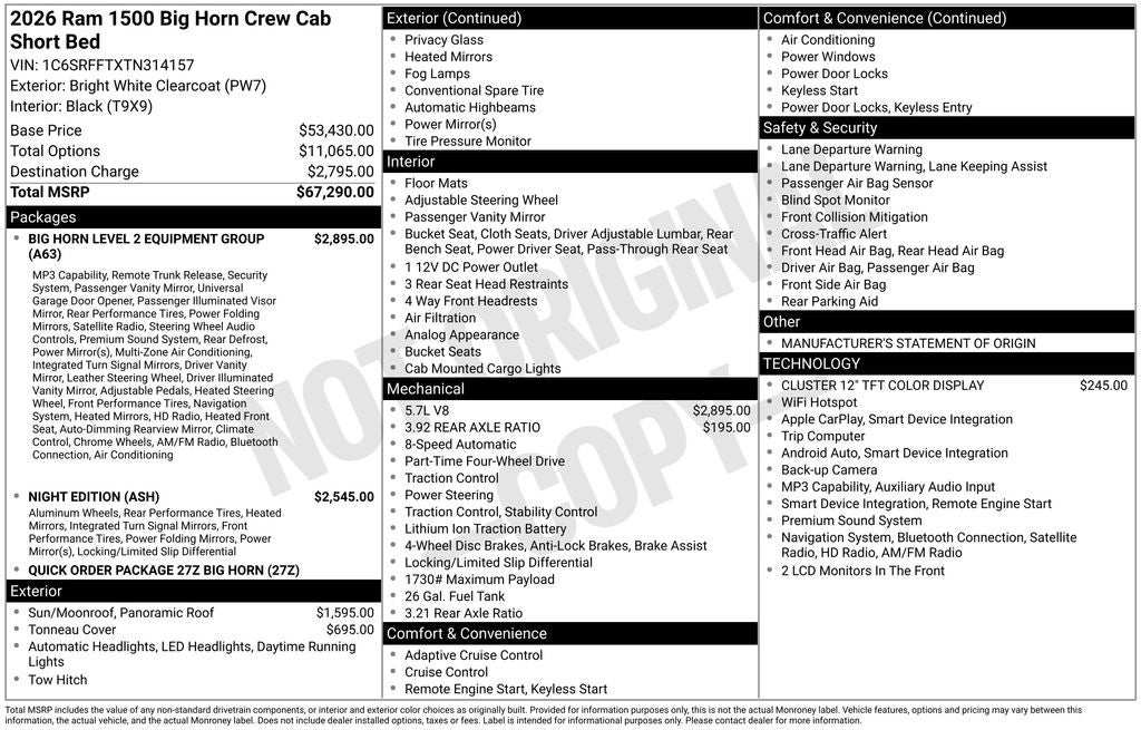 2026 RAM Ram 1500 RAM 1500 BIG HORN CREW CAB 4X4 5'7' BOX