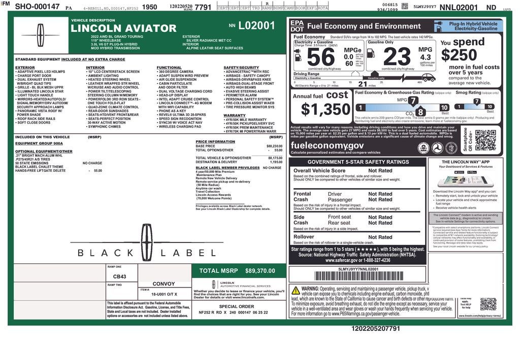 2022 Lincoln Aviator Plug-In Hybrid Black Label Grand Touring