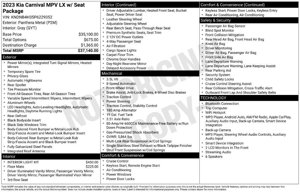2023 Kia Carnival LX Seat Package